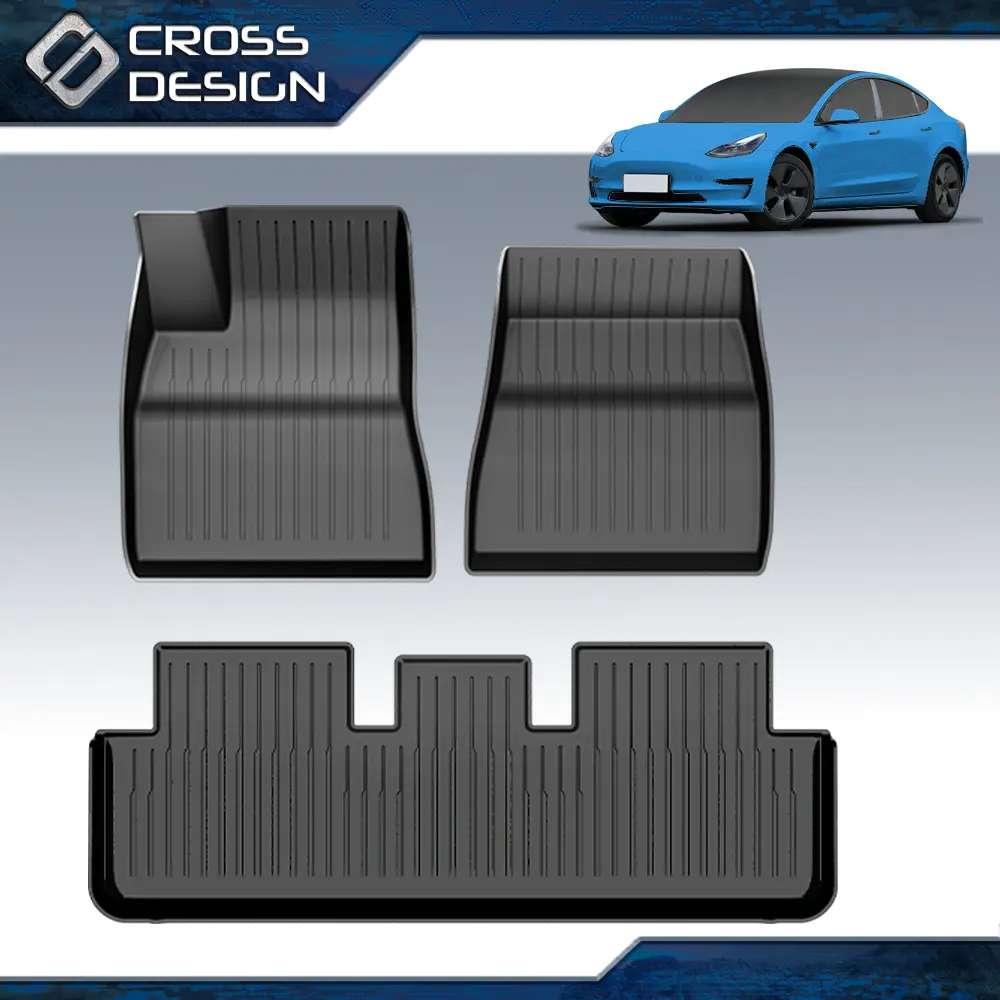 CROSSDESIGN TPE Automotive Floor Mat Protector Kit - 3-Pc Black Low-Maintenance Car Interior Kit, All-Weather Anti-Slip Waterproof  for 2017-2025 Model 3 Front & 2nd Row Spills Protection Car Accessories