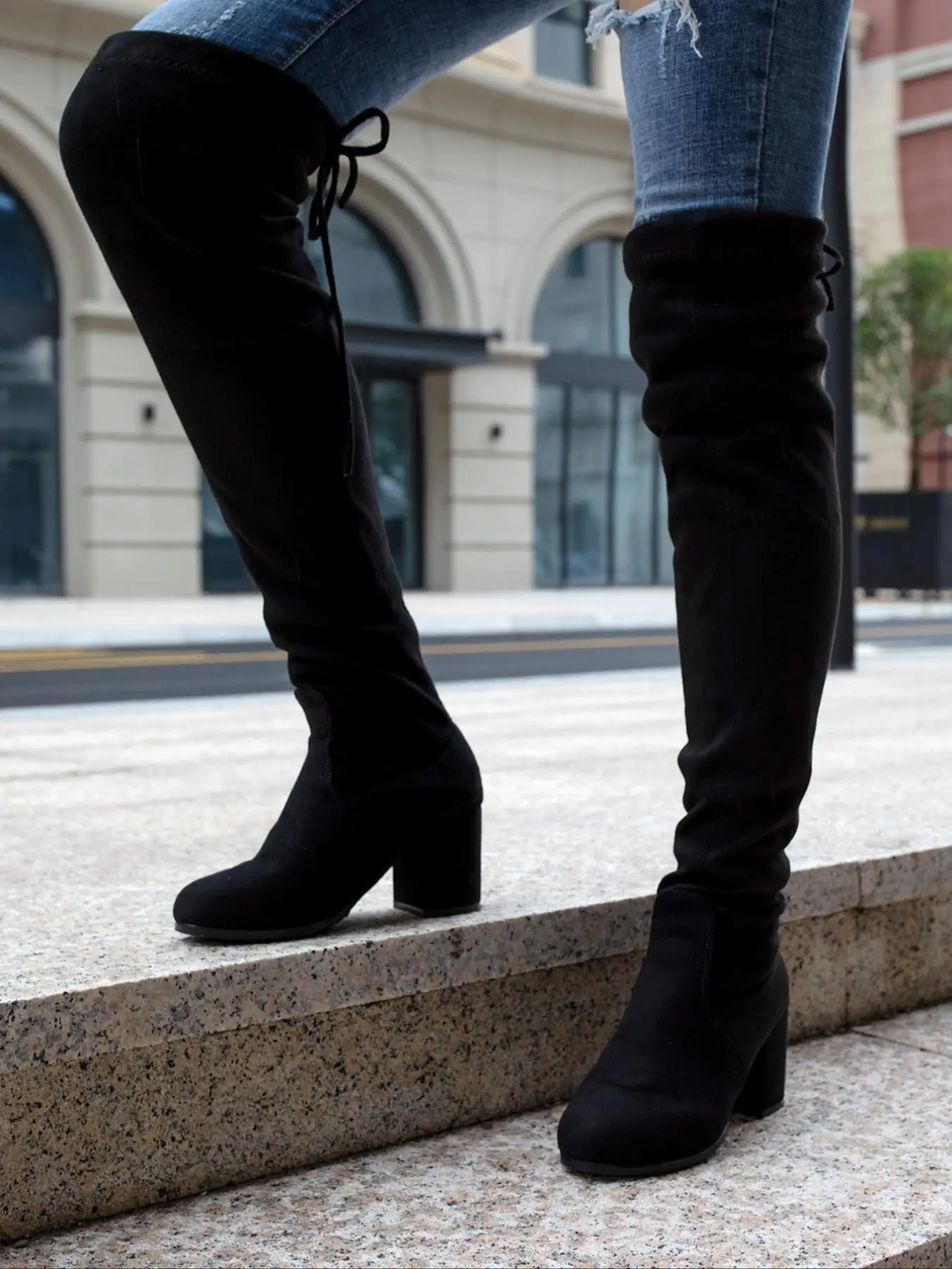 Women's Solid Color Stretchy Over The Knee Boots, Fashionable Round Toe Chunky Heel Boots for Daily Wear, Comfortable Boots for Daily Wear