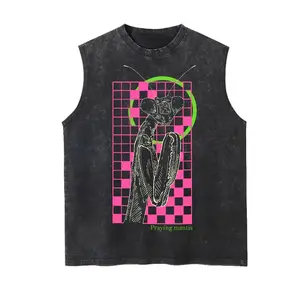 Praying Mantis Alt Fashion Tank Top Vintage Washed Heavyweight Stone Wash Oversized Vest Grunge Bugcore Streetwear Top Casual Daily Wear Trendy Retro Apparel Unique Gift For Insect Lovers Men Women Adults