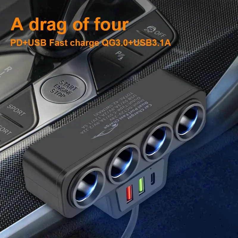 GYIOEUPT Car Cigarette Lighter Splitter - 4-in-1 Multi-Function Outlet Adapter with PD Fast Charging Solution, 2 Multi-Port USB Chargers, for iPhone Android GPS Dash Cam - Road Trip Essential to Stop No More Dead Batteries