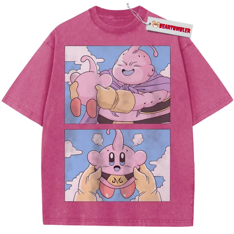 Majin Buu Kirbyy Crossover T-Shirt, DB Funny Anime Parody, Retro 90s Gaming Meme Graphic, Cute Y2K Otaku Apparel, Unisex Cotton Crewneck T-Shirt Menswear Womenswear Streetwear Top