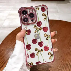 Cherry Leopard Print Bow Pattern Phone Case , Electroplated Cover with Airbag Shockproof Slim Soft TPU Cover for iPhone X 11 12 13 14 15 16 17 Pro Max Plus Air