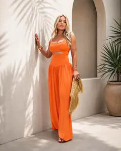 Women's Cut-out Cami Jumpsuit Adjustable Shoulder Straps with Pockets Backless Tie-Back Ruched High Waist Romper