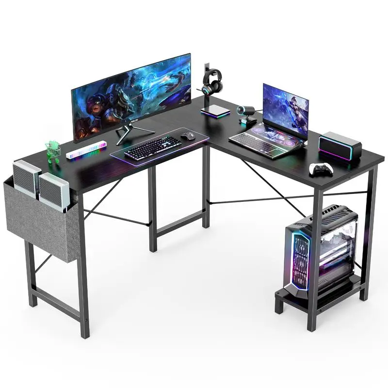 【Deal】50-Inch L-Shaped Wooden Gaming Desk - Steel X-Shaped Frame, CPU Stand, Side Bag, Dual Monitor-Accommodating Office Desk for Home Dorm, Assembly Required