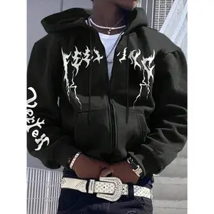 Men's Graphic Zip Up Hoodies Sweatshirt Drawstring Long Sleeve Casual Streetwear Jacket