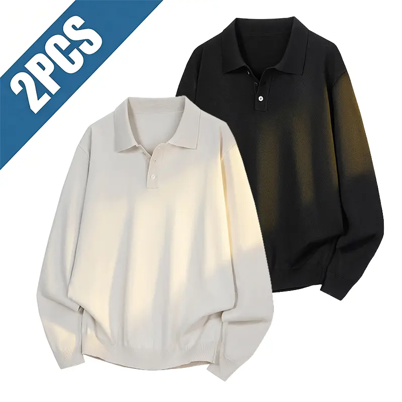 Menswear Long-Sleeve Plain Knit Pullover - Classic Turn-Down Buttoned Henry-Collar Soft Loose-Fit Men's Top for Everyday Wear