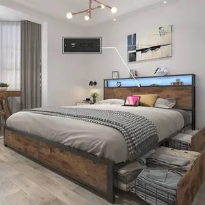 Queen Size Double Bed Frame with Dual-Tier Headboard, Charging Station, Storage Drawer, Metal Support, Assembly Required for Bedroom Use