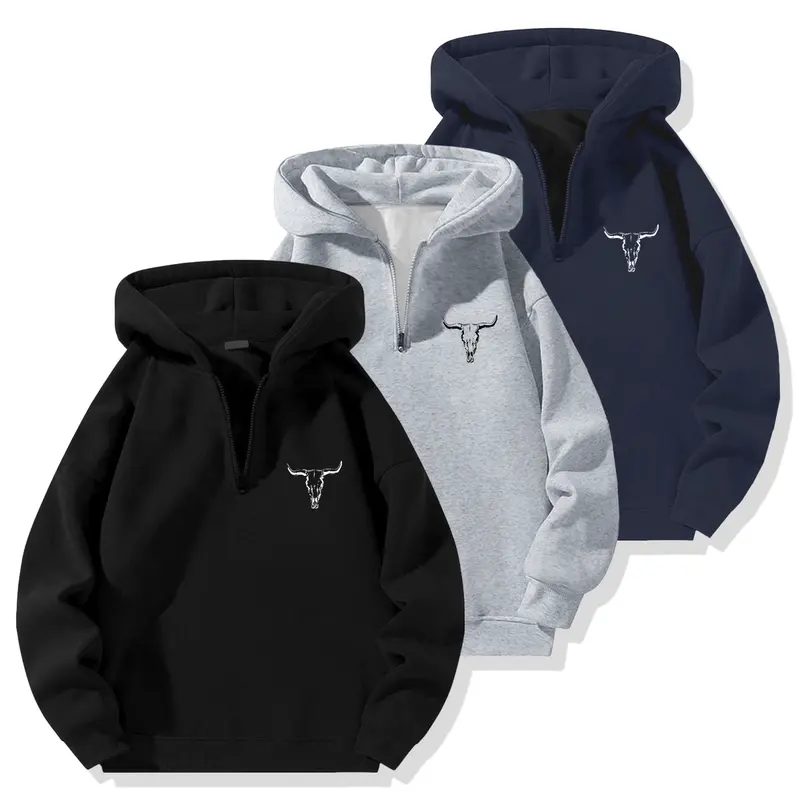 Men's Quarter Zip Graphic Hoodie Sweatshirt - Longhorn Skull Print, Heather Gray Western Streetwear Top, Ribbed Cuffs, Ribbed Hem, Lined Hood, Relaxed Fit, Fall Winter Casual Long Sleeve Pullover, Mens Hoodies, Male Clothing, Western Clothing, Casual Wear