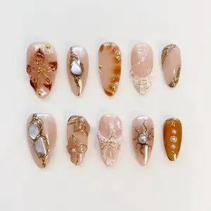 Amber Starfish Nails/Brown Press on nails long almond nails/3D Shell Nails/3D Gold Chrome Nails/Fritillaria Nails/Holiday Beach Nails