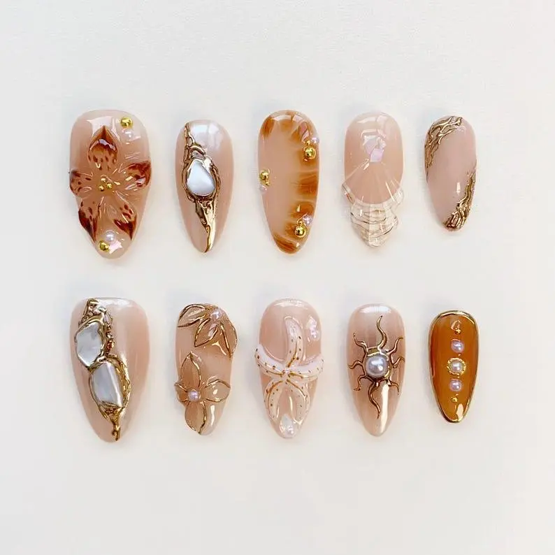 Amber Starfish Nails/Brown Press on nails long almond nails/3D Shell Nails/3D Gold Chrome Nails/Fritillaria Nails/Holiday Beach Nails