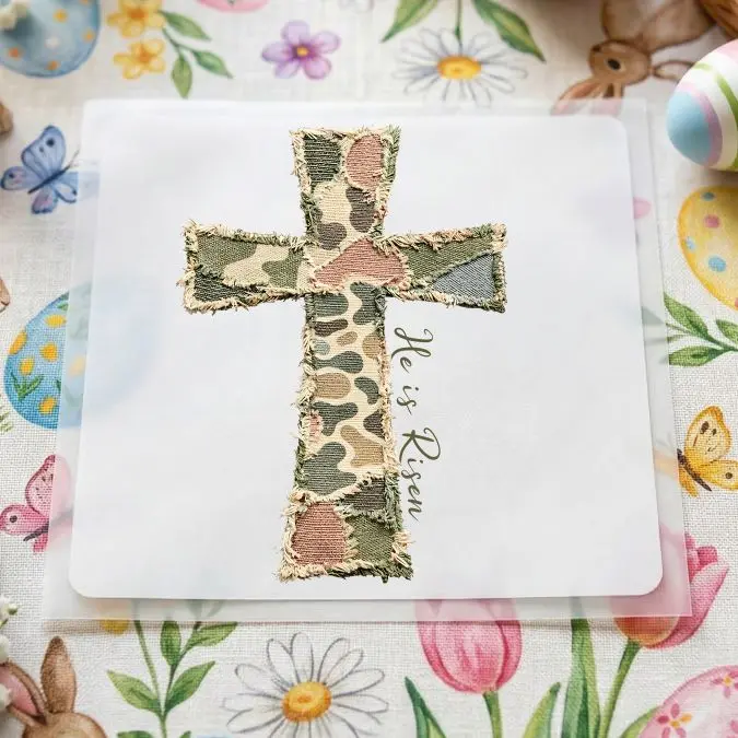 He Is Risen Camo Cross DTF Transfer - Rustic Patchwork Easter Heat Transfer - Ready to Press - Direct to Film / Hot Peel / Multiple Size Options