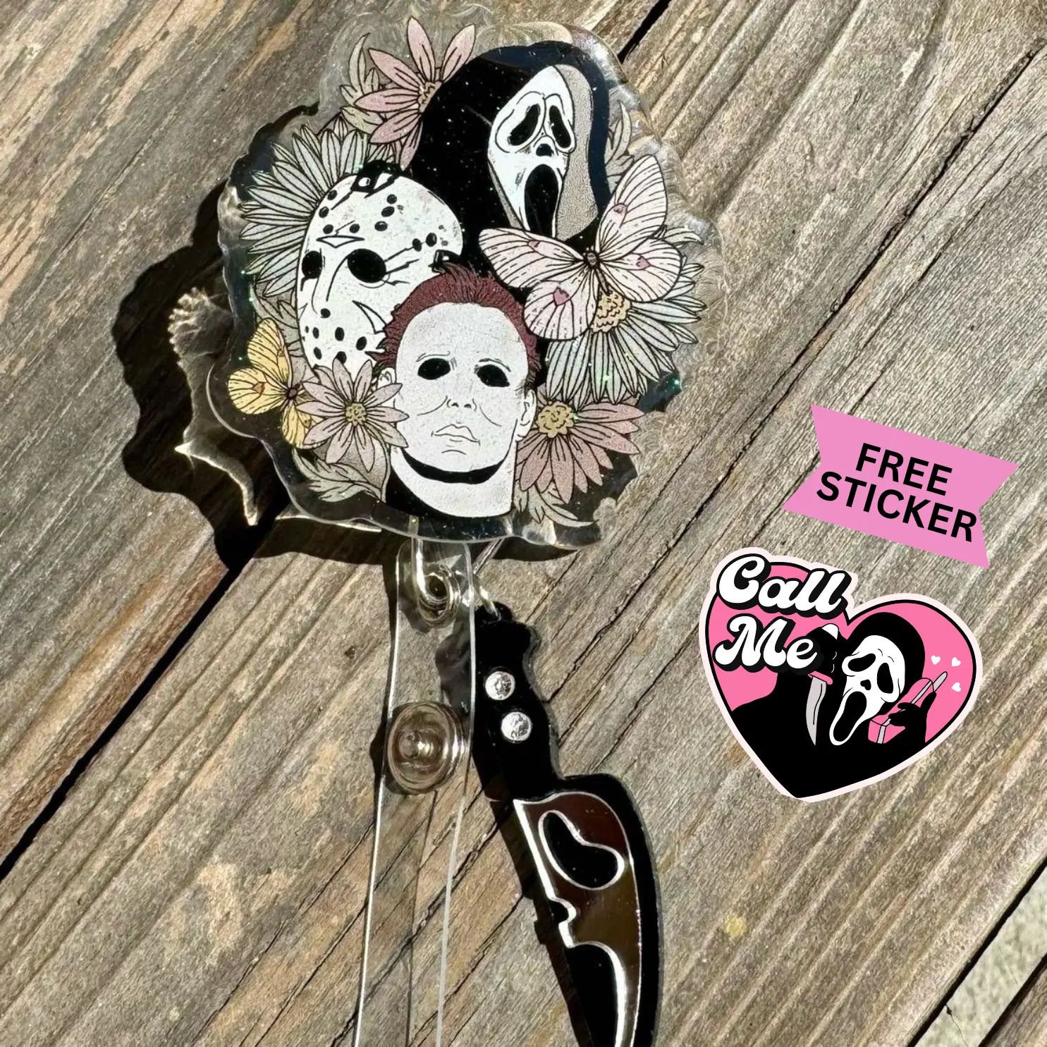 Horror Floral ID Badge Reels Ghost , Jason , Michael Halloween , Alligator Clip , Belt Clip , STURDY , thick healthcare worker