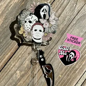 Horror Floral ID Badge Reels Ghost , Jason , Michael Halloween , Alligator Clip , Belt Clip , STURDY , thick healthcare worker