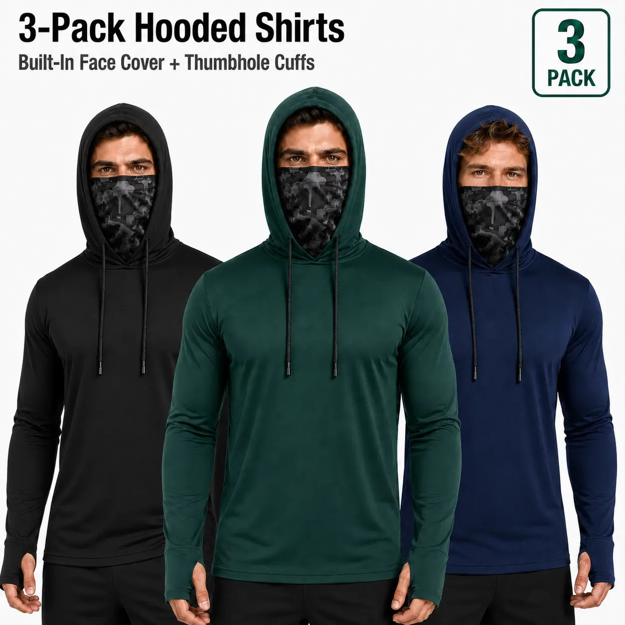 Men’s 3-Pack Hooded Long Sleeve Shirts with Built-In Face Cover & Thumbholes, Quick Dry Lightweight Outdoor Fishing Workout Shirts