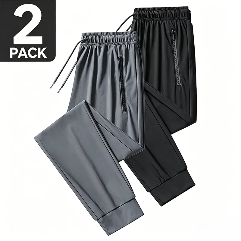 2-Pack Men’s Lightweight Breathable Jogger Pants Elastic Waist Zipper Pockets Fitness Casual Full-Length Pants