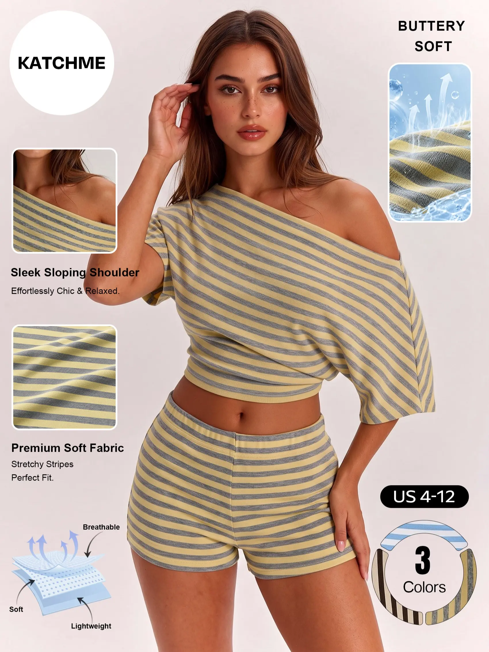Katch Me Chic Women's Casual Striped Sloping Shoulder Crop Top & Hip-Lifting Shorts Co-ord, Breathable Moisture-Wicking Figure Flattering Two Piece Sets, Soft Cinched Waist Daily Outfit #TikTokMadeMeBuyIt #SummerEssentials #MatchingSet