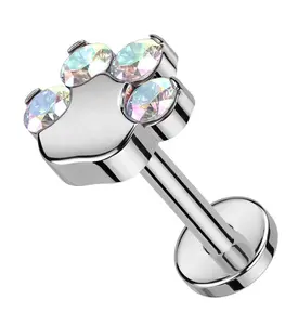 Paw Print Rainbow Aurora CZ Titanium Threadless Labret