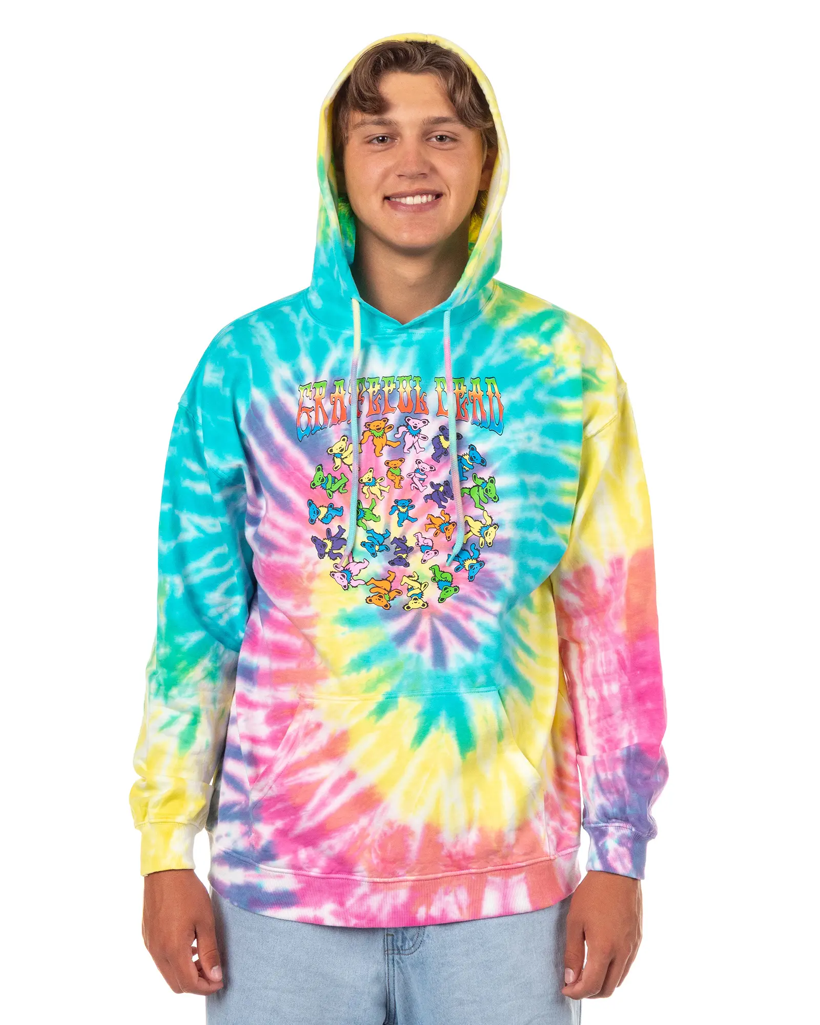 Grateful Dead Hoodie Men's Rainbow Spiral Tie Dye Dancing Bears Hooded Pullover Sweatshirt, Tops, Kangaroo, Fabric