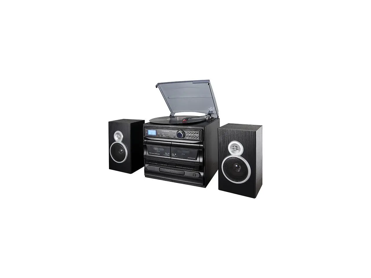 Trexonic 3-Speed Vinyl Turntable Home Stereo System with CD Player, Dual Cassette Player, Bluetooth, FM Radio & USB/SD Recording and Wired Shelf Speakers