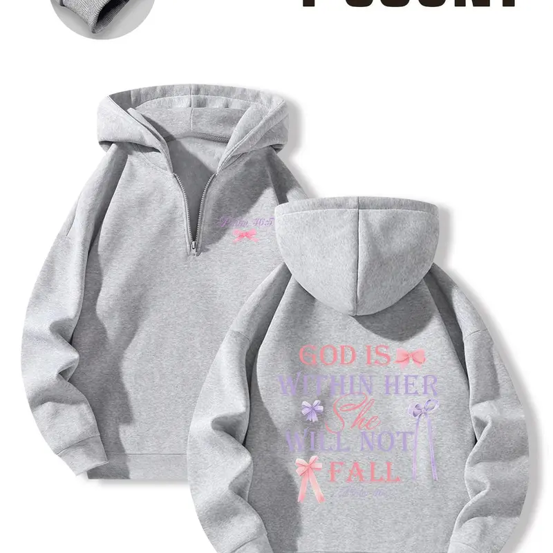 Women's Letter & Bow Print Drop Shoulder Hoodie, Fashion Casual Long Sleeve Hooded Sweatshirt for Daily Holiday Outdoor Wear, Women Clothing for Spring & Fall