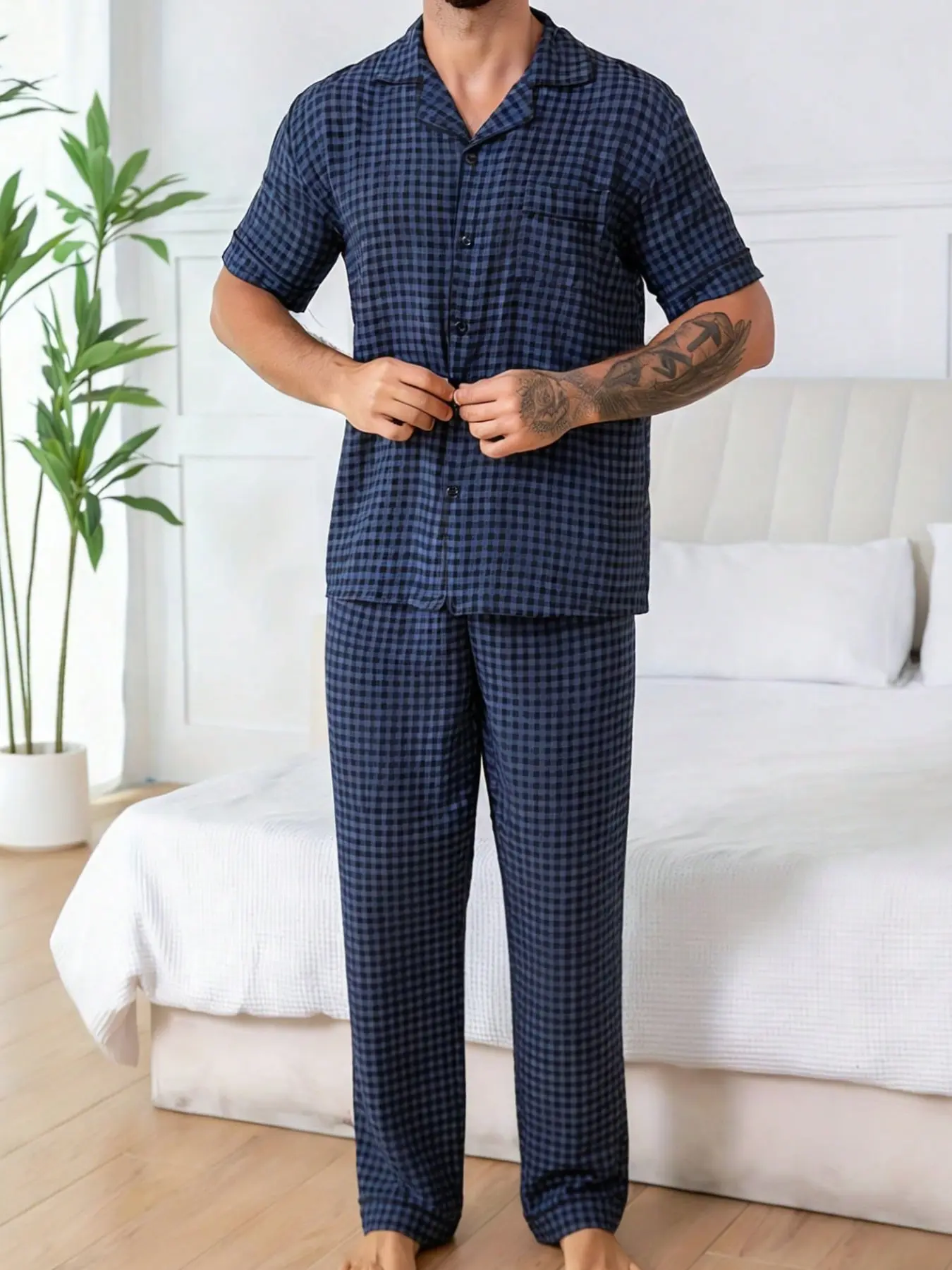 Men's Trendy Plaid Print Checked Lapel Short Sleeve Pajama Set, Comfortable Skin-Friendly Style, Casual Homewear, 2 Piece Pack