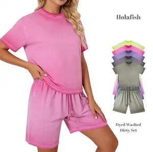 Holafish Womens Suits Oversized Dirty Washed Trendy Gradient Color T-Shirt&Shorts Set Street Trendy Clothing Tops Summer Outfits