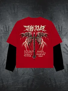 Men's Wing Print Long Sleeve Tee, Regular Fit Casual Gothic Graphic T-shirt for Daily Wear, Men's Top for All Seasons, Crewneck