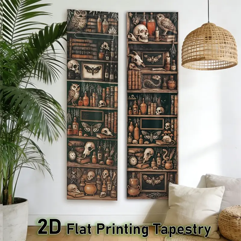 2D Flat - 2pcs Mysterious Bookshelf Vertical Tapestry | Dark Academia Aesthetics Wall Tapestry for Bedroom | Long Narrow Wall Hanging with Stitched Edges for Living Room & Dorm Decor | Spring Home Decoration