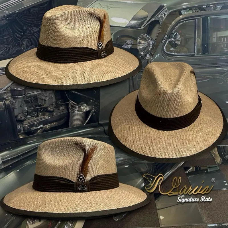 Garcia Signature Wide Brim Yute Viejo Fedora Natural Burlap Material Black or Brown Band with Rooster Feathers