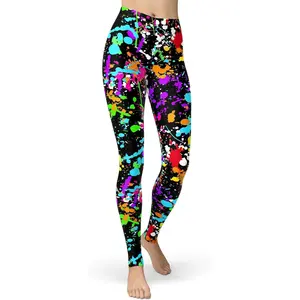 sissycos Women's 80s Leggings Neon Artistic Splash Printed Buttery Soft Stretchy Pants