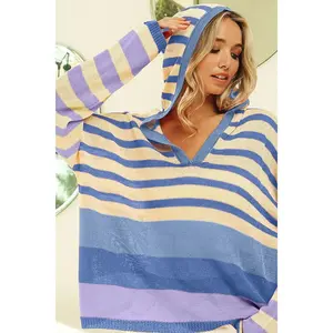 BiBi Striped Color Block Hooded Knit Top