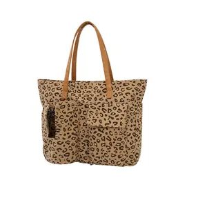 Leopard Corduroy Tote Bag - Vintage Texture - Reinforced PU Handles - Dual Pocket with Drawstring and Velcro - Fits 13" Laptop and A4 Magazines - Work School Daily Trips