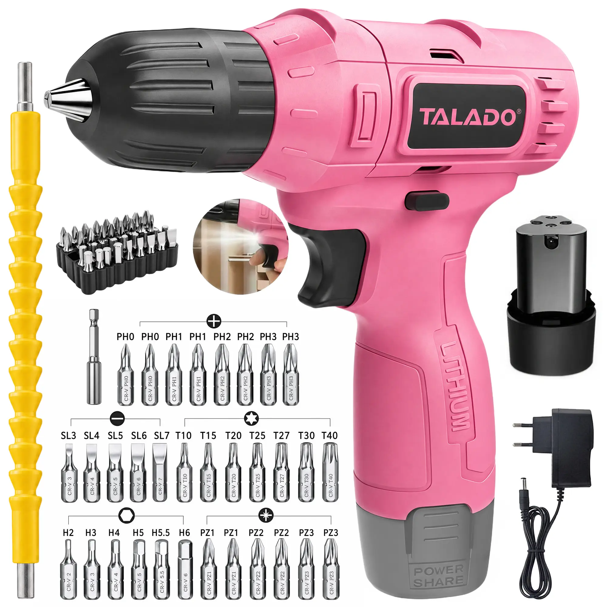 TALADO 12V Brushless Cordless Drill Set, Pink Lightweight Electric Power Driver for Women, Variable Speed LED Drill, 3/8-Inch Keyless Chuck, 22N.m High Torque All-in-One Home DIY Tool Kit Father's Day Gift