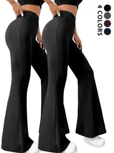 Women's High Waist Loose Fit Flare Pants, Soft Tummy Control Bell Bottoms, No-See-Through Workout & Yoga Leggings, Plain Design, Yoga Activewear