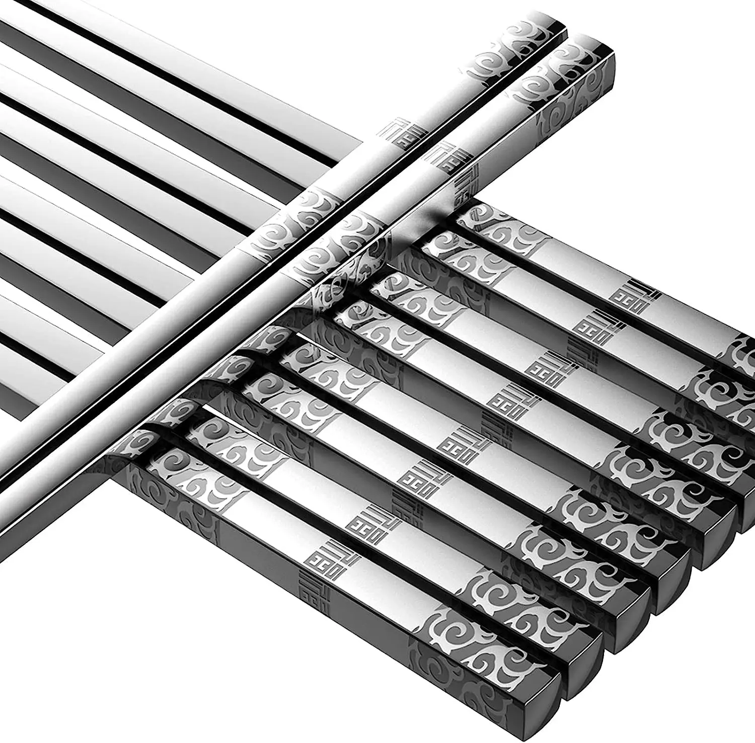 Stainless Steel Chopsticks Set - 5 Pairs of Reusable Metal Chopsticks, Square Lightweight Design, Dishwasher Safe, Non-Slip - Ideal Gift Set (Silver) Cutlery