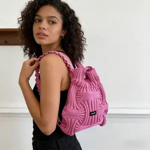 Sculpted Ruched Drawstring Purse, Unique Pleated Knit Bucket Bag, Convertible Daypack with Cinch Closure for Casual and Fashion Use