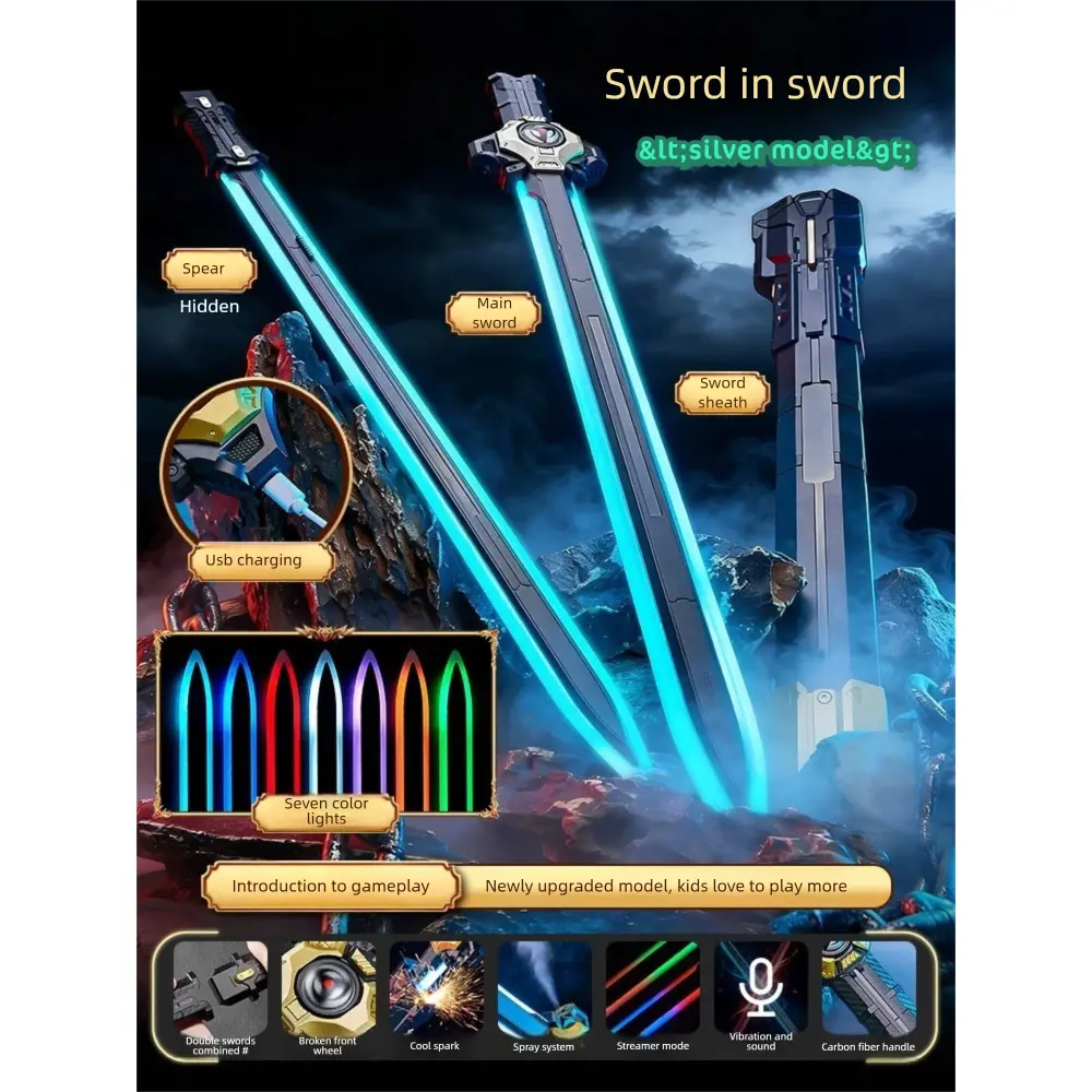 Double-Edged Mist & Sparks Lightsaber Toy Sword - TikTok Viral, 7-Color LED Lights, Cool Spray Mist, Real Firestone Effect, Battle Sounds - Boys Age 6+ Cosplay Fun, Top Birthday Gift
