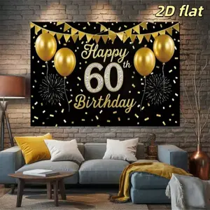 2D Flat 1pc Black Gold Happy 60th Birthday Backdrop Banner, Gold Balloon Bunting Glitter Number Photography Background, Ideal for 60th Birthday Party, Milestone Celebration, Photo Booth Decor, Multiple Sizes Available