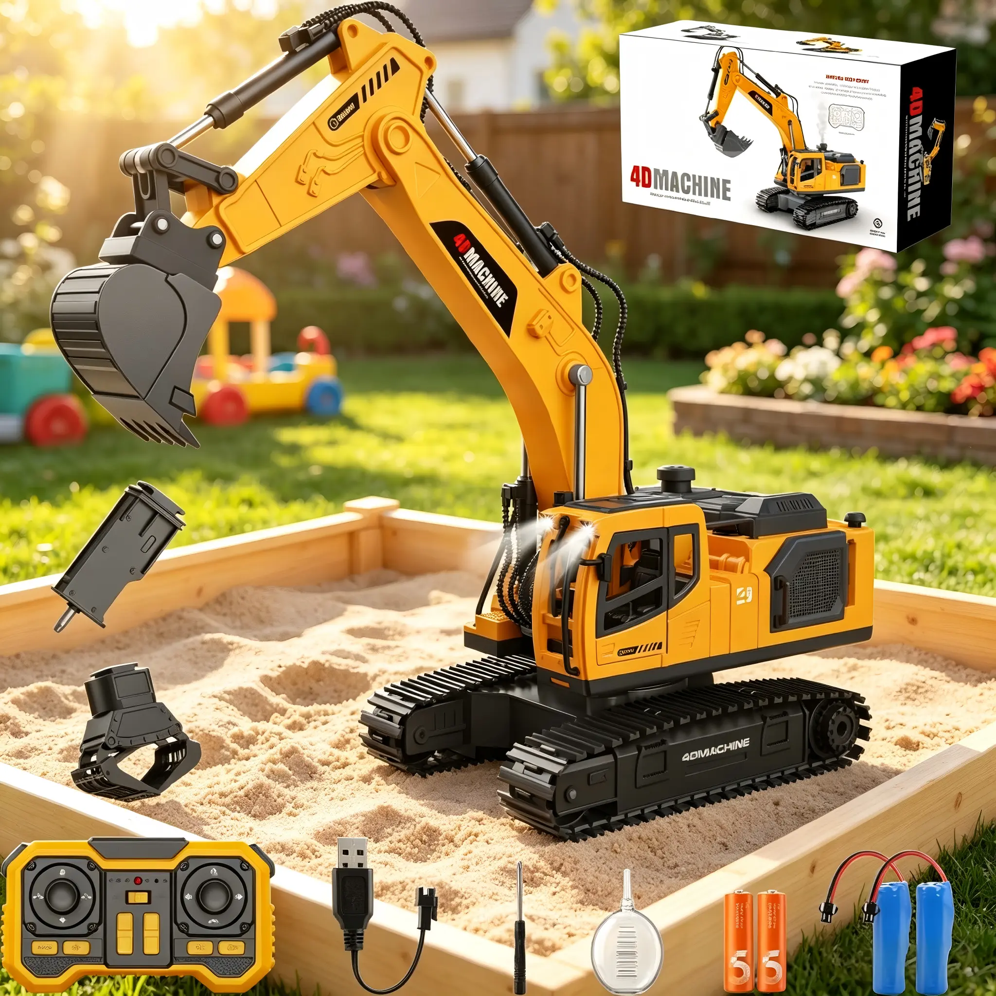 Remote Control Excavator Toy for Boys, 3-in-1 RC Excavator with Alloy Bucket, Breaker & Grapple, Construction Vehicle Toys with Lights & Sounds, 2×1200mAh Batteries, Birthday Gift for Kids 3-12