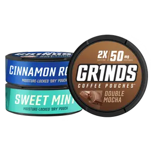 Grinds Coffee Pouches - 3pack variety with Double Mocha, Sweet Mint and Cinnamon Roll Chocolate Beverage
