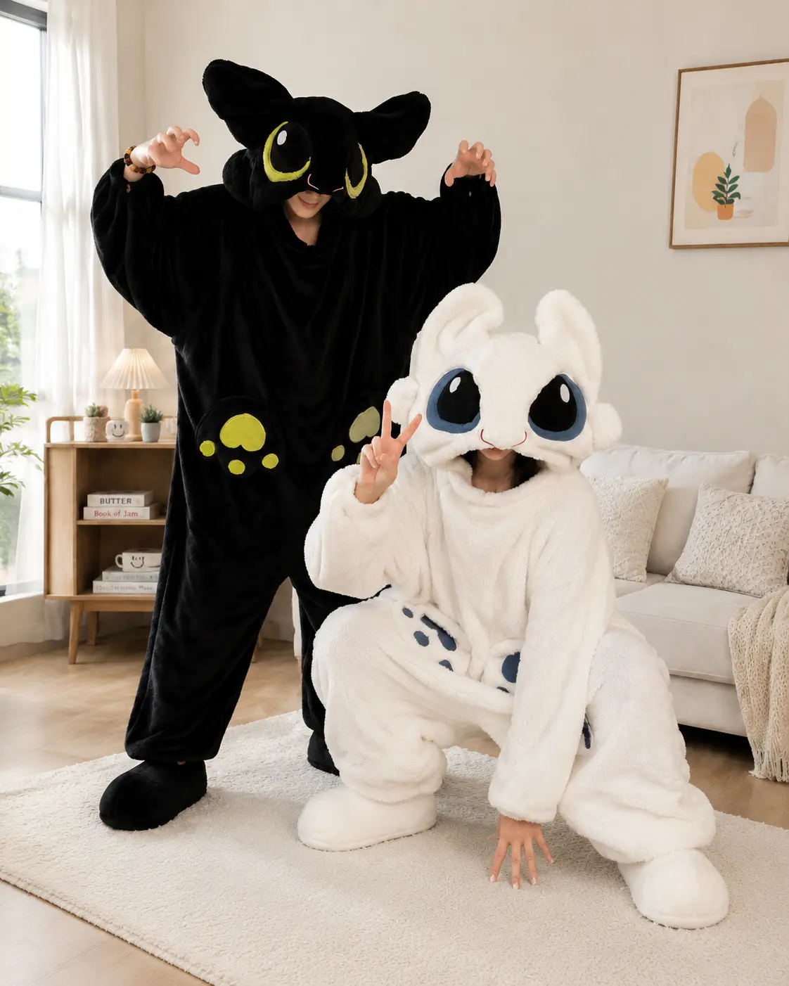 Couple Wearable Blanket Hoodie, Cute Animal Plush Blanket Onesie Pajamas, Soft Flannel Hooded Blanket Jumpsuit for Adults Kids, Matching Couple Sleepwear Costume Style Cozy Throw Blanket for Winter Home Gift