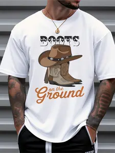 Mens Western Cowboy Graphic T-Shirt - Navy Blue with BOOTS ON THE GROUND Print - Heavyweight 100% Tee for Casual Everyday & Western-Themed Outfits - Regular Fit Summer Shirt, Western T Shirts, Bold Print Design, Durable Casualwear, Outdoor Clothing