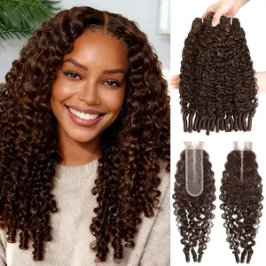 ALHER Color #4 Burmese Curly Bundles with 2x6/4x4 Closure Human Hair 13x4 Transparent Lace Frontal Ear to Ear 15A Soft Chocolate Brown 3 Bundles and 2x6 Kim K Lace Closure Long Deep Part and 4x4 Free Part 3c4a Water Wave with Spiral Curly End
