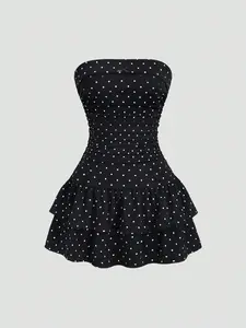 Y2K Strapless Mini Dress, Polka Dot Party Skirt, Waist Cinching Tube Top, Cute Multi-Layer Ruffle Hem, Casual Date Night Womenswear