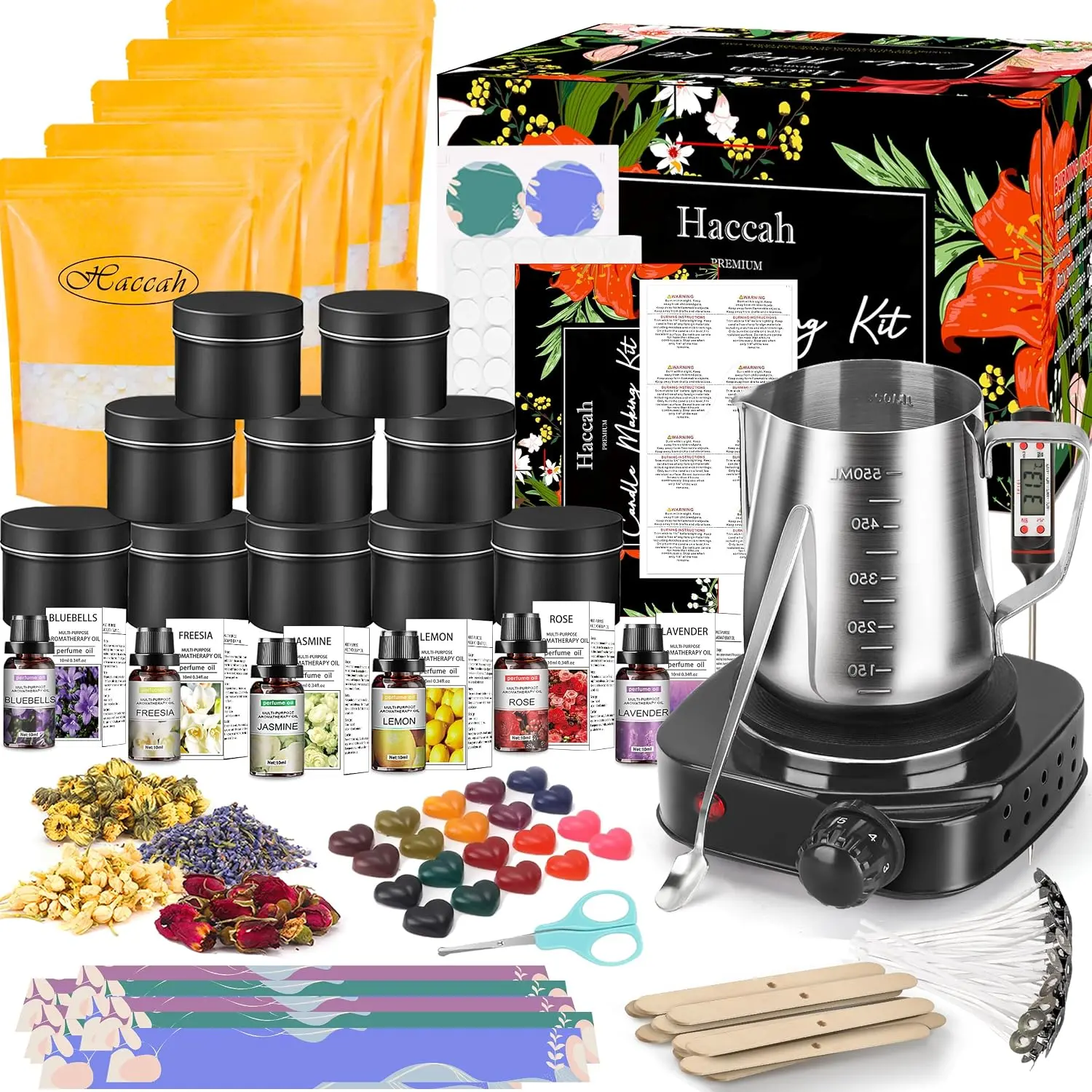 Complete Candle Making Kit with Wax Melter,Candle Making Supplies,DIY Arts&Crafts Kits Gift for Beginners,Adults,Including 500w Electronic Stove,Wicks,Wax,Rich Scents,Dyes,Melting Pot,Candle tins