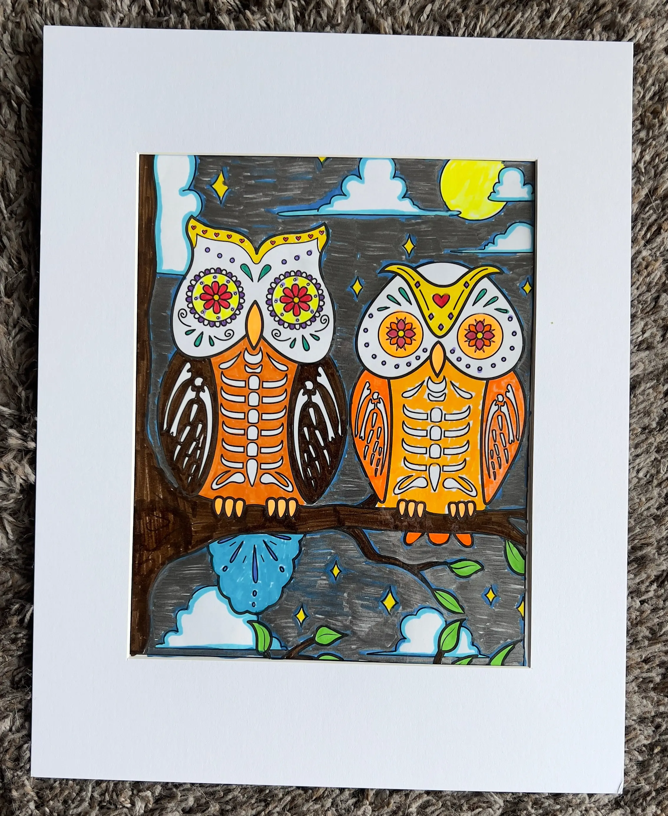 Midnight Watchers – 11x14 Handmade Sugar Skull Owl Wall Art (Matted & Laminated)