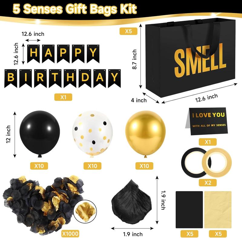 5 Senses Gift Bags For Him With Labels Tissue Paper And Handles, Comes With Birthday Decoration Rose Petals And Happy Birthday Banner Balloons(Black Gold, 12.6 x 8.7 x 4 inch)