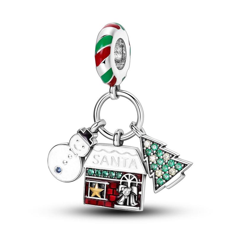 MULA 925 Silver Plated Snowman and Christmas Tree Pendant | Festive Enamel and Sparkling Zirconia | Holiday Jewelry for Women and Girls | Fits Pandora Bracelets and Necklaces | Perfect Christmas Gift