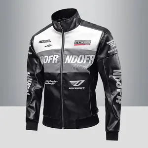 Men's American street racing style printed stand up collar PU leather jacket zipper jacket Spring and Autumn fashion motorcycle brand jacket men's fashion black long sleeved jacket