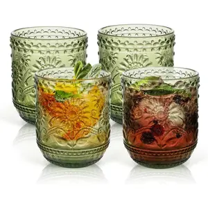 Vintage Drinking Glasses Set of 4,12oz Tumbler Glasses - Decorative Floral Embossed Water Glasses - Heavy Duty Glassware Beverages Tumblers for Whisky, Beer, Juice, Wine, Green